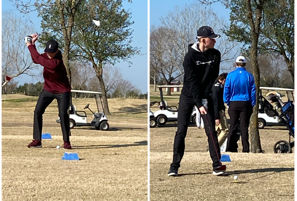 Jackson Burttschell (left) winds up for a shot at the Pecan Lakes Golf Club in Navasota during Sealy’s competition there on Jan. 30. Burttschell helped the Tigers earn a top-10 team finish against larger classification schools at their most recent tournament. Steven Dorenbach (right) lines up a tee shot during the Navasota Tournament at the Pecan Lakes Golf Club on Jan. 30. Dorenbach led the Tigers in their most recent competition and tied for ninth overall. (Contributed photos)