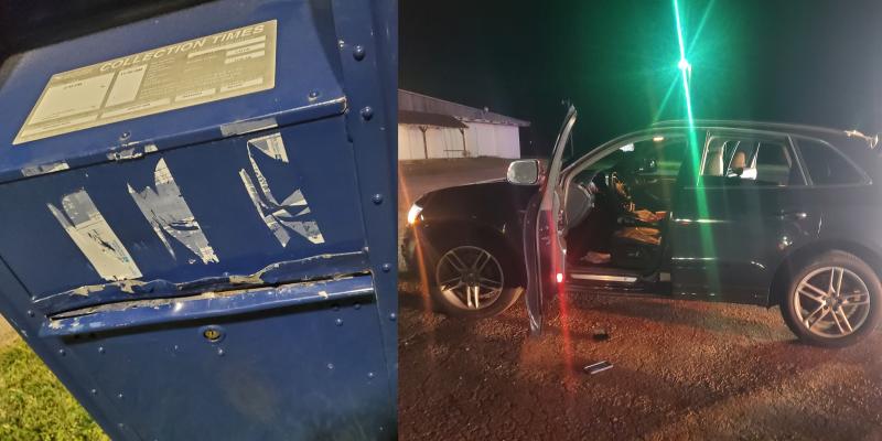 Austin County Sheriff's Office Deputies charged a trio with attempting to break into the Industry Post Office drop box, left, Sunday night. With the assistance of Brenham PD and Washington County PD, the three suspects were taken into custody in Brenham, right. CONTRIBUTED PHOTO