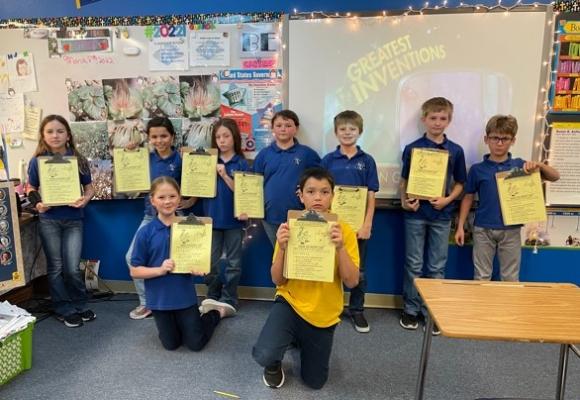 Faith Academy 4th Grade social studies classes recently participated in “field trip in a box” activities. Pictured from the left are Jayden Bolten, Catie Cerny, Brightyn Browder, Piper Maddox, Everett Miglicco, Jared Maresh, Landyn Eberly, Charlotte Ward and Nelson Peschel. CONTRIBUTED PHOTO