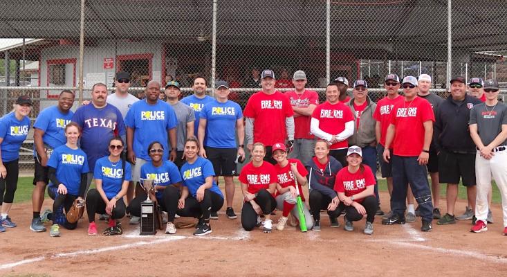 Austin County first responders reignited the slow-pitch softball rivalry last Saturday with an exhibition game that preceded the annual Guns N’ Hoses Softball Tournament at the Bellville Little League Fields. Bellville Police beat the Fire/EMS, 9-5. (Contributed photo)