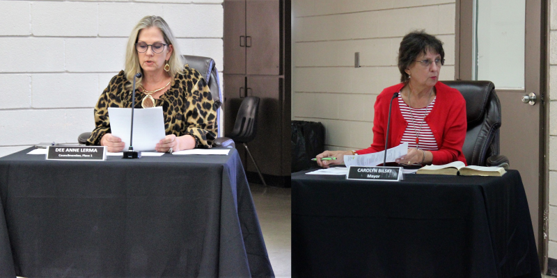 LEFT: Councilmember Dee Anne Lerma discussed potential negative impacts of a moratorium during Sealy City Council’s special meeting Monday, Aug. 23, at the W. E. Hill Community Center. RIGHT: Sealy Mayor Carolyn Bilski spoke about the protection a moratorium brings the city during a special meeting Monday, Aug. 23, at the W. E Hill Community Center. HANS LAMMEMAN
