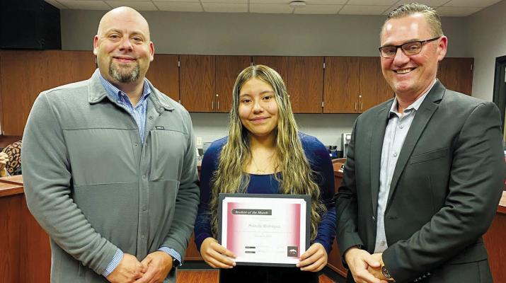 Brazos ISD recognized BHS student Michelle Rodriguez at the November regular board meeting. Brazos High School Principal Caleb McCain shared that Michelle was recognized because she constantly works hard in and out of the classroom. COURTESY PHOTO