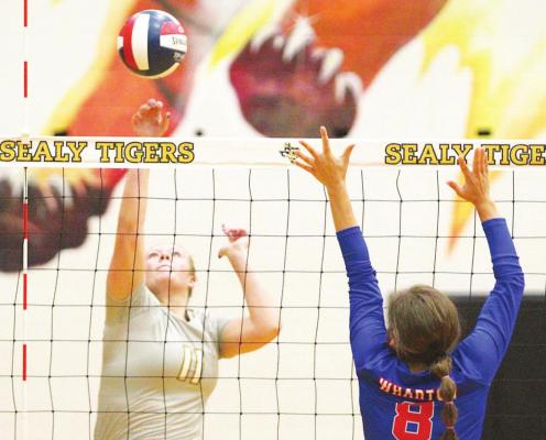 Julia Jurecka delivers a hit during Sealy’s district match against Wharton Oct. 19 at home. PHOTOS BY COLE McNANNA