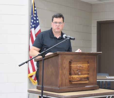City Manager Warren Escovy speaks during the Aug. 19 meeting of the Sealy City Council at the W. E. Hill Community Center. During Wednesday's special meeting, Escovy's resignation was accepted and he will hand over the position of acting City Manager to Kimbra Hill Dec. 20. HANS LAMMEMAN