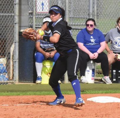 Blinn third baseman Samantha Rodriguez looks to make a throw during the Buccaneers’ home-opening doubleheader against Kilgore College last Saturday. CONTRIBUTED PHOTO