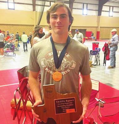 Bellville’s Alex Marek won his weight class and was awarded outstanding deadlift at the Region 4 Division 2 Championship at Lumberton High School March 12. He will represent the Brahmas at the State Championships March 27 in Abilene. CONTRIBUTED PHOTO