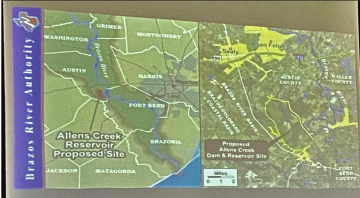 The Sealy City Council received a presentation on the proposed Allens Creek Reservoir with a slideshow on July 19. The slide pictured shows where the reservoir would be located. RAE DRADY