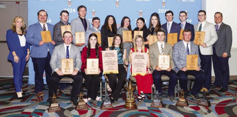 Members of Blinn College’s livestock judging team that placed first at the Houston Livestock Show and Rodeo were (front, from left) Blane Warnken, Cassie Jo Bennett, Devyn Gaff, Kinsey Gardner, Steele Kenney, and Dax DeLozier; and (back, from left) coach Adrian Austin, Justin Speis, Cayden Alexander, Weston Hinze, Dylan Hartman, Brooke Bimslager, Holly Alderson, Tanna Thiel, Brooke Poole, Samuel Belt, Zander Ivey, Bryson Stone, and coach Quest Newberry.