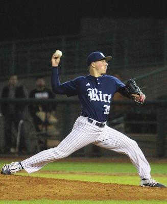 Garret Zaskoda fires a pitch in his collegiate debut for the Rice Owls against the Texas Longhorns Feb. 15, 2020. Zaskoda earned his first collegiate win on the mound last Sunday. COLE McNANNA