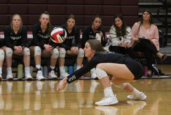 Lady Tiger sophomore Emersyn Cryan records a dig in the Nov. 4 Area Championship against Huffman Hargrave in Magnolia. Cryan was one of three Sealy representatives on the all-district second-team.