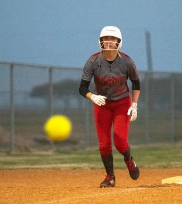 Brazos junior Taylor Brzozowski leads off third in the first inning of the Cougarettes’ non-district tilt with Royal Feb. 22 at home. COLE McNANNA