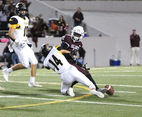 Sealy junior defensive back Haden Wernecke breaks up a pass intended for Silsbee's Ashton Cartwright during Sealy's playoff-opening win Friday night in Aldine. COLE McNANNA