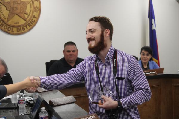 Sealy News Managing Editor Cole McNanna was recognized by the Sealy ISD Board of Trustees ahead of the March 30 regular meeting in the Administration Building. TRENTON WHITING/COLORADO COUNTY CITIZEN