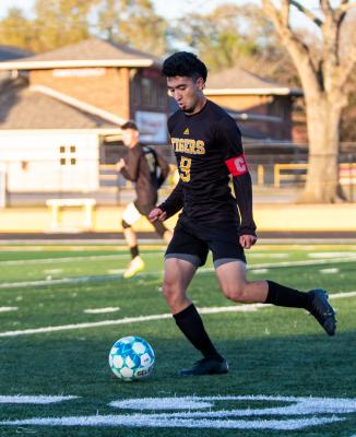 Sealy junior Amador Lopez controls a pass in the offensive end during the Tigers’ Bi-District Championship game against Caldwell at T.J. Mills Stadium March 24. Lopez represented Sealy as the District 24-4A offensive player of the year. COLE McNANNA