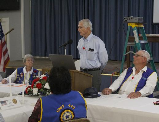 Bellville High School and Texas A&M alumnus Jay Crutchfield delivers his keynote speech during the Sealy American Legion Memorial Day ceremony at the Legion Hall Monday morning, May 31. COLE McNANNA