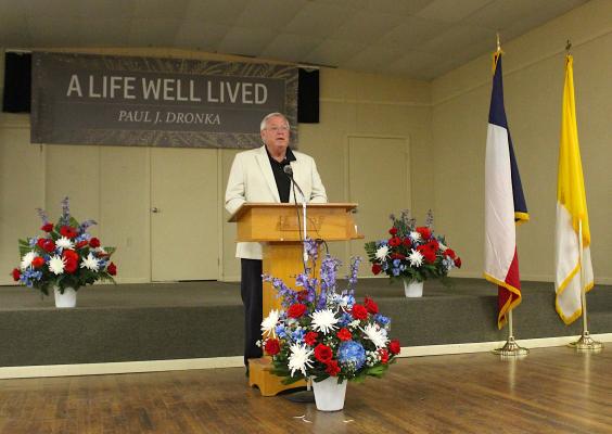 Current Grand Knight of the Sealy Knights of Columbus Robert Kent opens the celebration of life event Monday afternoon at the Columbus Hall in honor of Paul Dronka, who passed away Memorial Day, 2020. COLE McNANNA