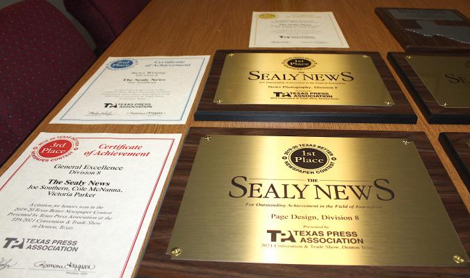 Five first-place plaques were brought back to The Sealy News’ office from the Texas Press Association’s Better Newspaper Contest in Denton last weekend. COLE McNANNA