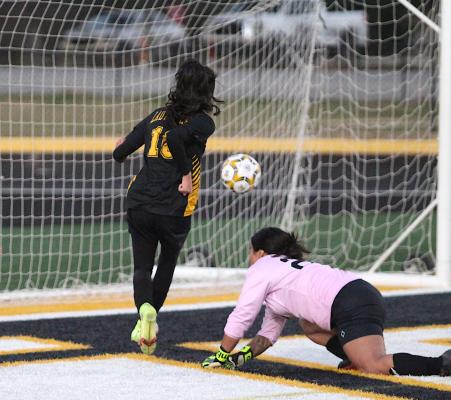 Lady Tiger sophomore Rebeca Garza puts home her second goal in the second half of Sealy’s 5-0 win over Hempstead to open play within District 20-4A last Friday at T.J. Mills Stadium. COLE McNANNA