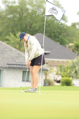 Sealy High School alum Madeline Goad sinks a put to help register a 46th individual finish at the NJCAA Women's Golf Championship at Plantation Bay Golf and Country Club in Daytona, Fla. COURTESY PHOTO