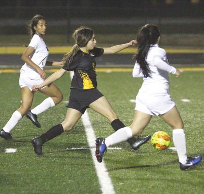 Sealy senior Leslie Saenz provided the game-opening score with a shot from the five-yard line at Mark A. Chapman Field at T.J. Mills Stadium last Friday night. The Lady Tigers beat Navasota, 1-0. (Cole McNanna/Sealy News)