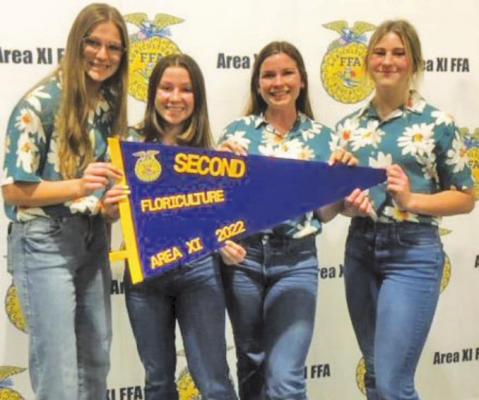 The Floriculture team took second place in the area round to qualify for the state competition. Team members include Jenna Forrester, Avery Schalla, Hattie Schalla (1st High Individual) and Alana Lindsay.