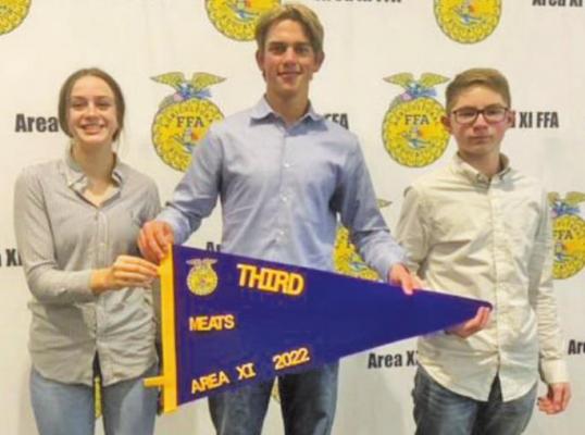 Ansley Owen (7th High Individual), Jackson Burttschell (10th High Individual) and Wyatt Erwin (4th High Individual) helped Sealy FFA’s Meats Judging team finish third and qualify for state.
