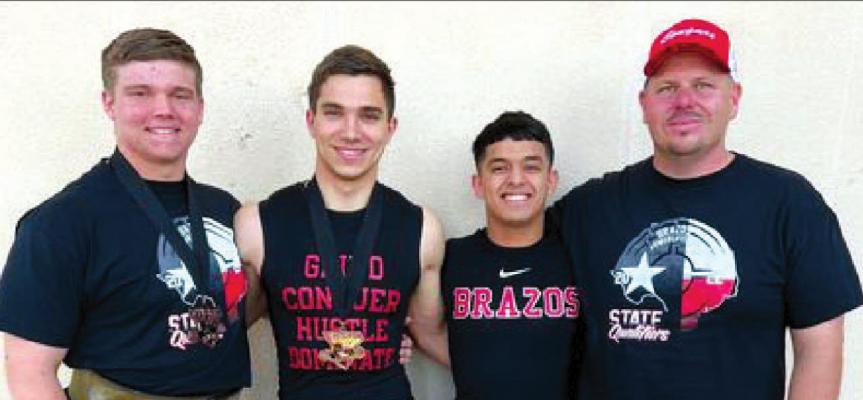 The Brazos Cougar powerlifting team was represented at the THSPA State Championship last Saturday by Kasey Zientek, Joey Townsend, Bryan Maldonado and Head Coach Larry Murrell. Zientek and Townsend earned medals and all three lifters registered personal records. CONTRIBUTED PHOTO