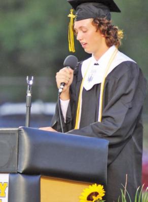 Valedictorian Daniel Eschenburg delivers remarks during the Sealy High School Class of 2022 commencement ceremony May 27 at T.J. Mills Stadium. PHOTO BY CREIGHTON HOLUB