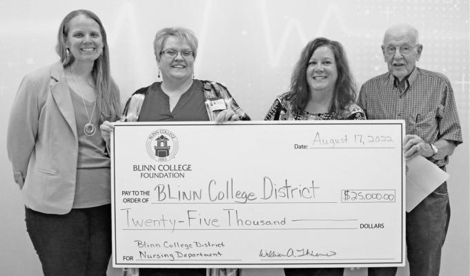 Bill Thienes has gifted $25,000 to the Blinn College Nursing Program for virtual reality training equipment and software. Pictured are (from left) Karla Ross, Associate Degree Nursing Program Director; Michelle Trubenstein, Health Sciences Dean; Michelle Marburger, Vocational Nursing Program Director; and Thienes. CONTRIBUTED PHOTO