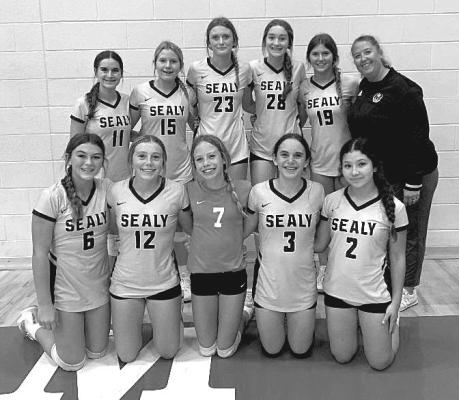 Members of the Sealy Junior High volleyball squad include top row left to right: Ella Novicke, Paige Stanford, Lauren Luther, Annabelle Miller, Julia Lechler, and Coach Angie Kram. Bottom row left to right: Ava Carr, Chloe Reynolds, Lila Meyer, Kali Bradford, and Julissa Olvera. COURTESY PHOTO