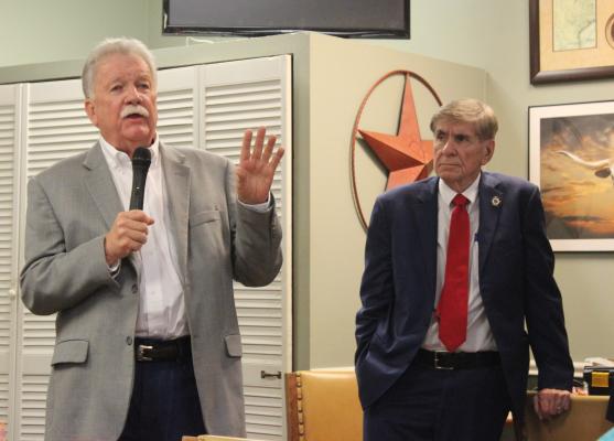 HANS LAMMEMAN Fred Roberts responds to a question from the audience while House District 85 Representative incumbent Phil Stephenson waits and formulates his answer.