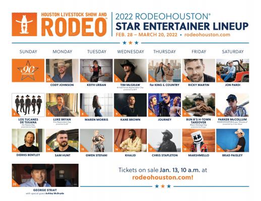 Nearly half of the artists performing at the 90th Houston Livestock Show and Rodeo will make their RODEOHOUSTON debut in 2022. RODEOHOUSTON