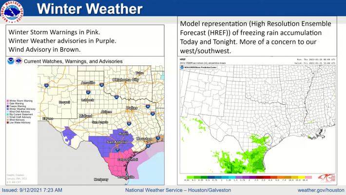 During a Thursday morning briefing, Winter Weather advisories did not include Austin County although the National Weather Service said it will be monitoring the area tonight and could extend the advisory into the area. NATIONAL WEATHER SERVICE