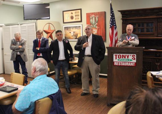 Fred Roberts, Phil W. Stephenson, Artemio “Art” Hernandez, and Stan Kitzman made their case for State Representative District 85 at the Austin County Republican Party’s Candidate Forum at Tony’s Family Restaurant Thursday, Jan. 6. HANS LAMMEMAN