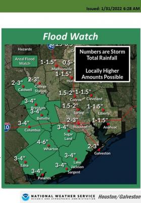 National Weather Service Houston/Galveston issued a Flood Watch for Austin County from 8 a.m. Monday through the late evening.