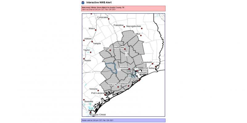 The National Weather Service issued a Winter Storm Watch for Southeastern Texas from Sunday afternoon through Monday afternoon. (National Weather Service)