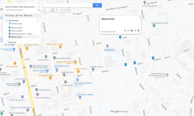 A map of road closures reported by the City of Sealy as repairs are made on a water main break. Google