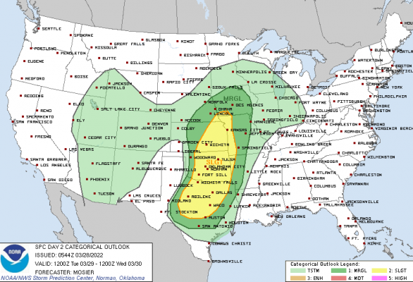 Severe weather outlook for Tuesday, March 29. Austin County sits on the edge of the marginal area of concern. NATIONAL WEATHER SERVICE
