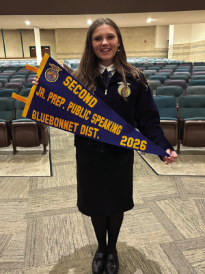 The Bluebonnet District Convention and SDEs (Speaking Development Events) were held at Brenham High School and Brazos FFA members had the opportunity to showcase their speeches and be voting delegates. In Jr Prepared Speaking, Brazos High School’s Mattie Muegge places second and is advanced to the Area round. COURTESY PHOTO