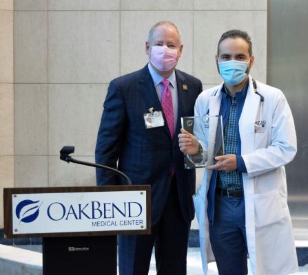 CEO of OakBend Medical Center Joe Freudenberger presented Dr. Gildardo Ceballos with the Physician of the Year award for OakBend Medical Group at the Physician Appreciation Breakfast held at OakBend Medical Center April 1. CONTRIBUTED PHOTO