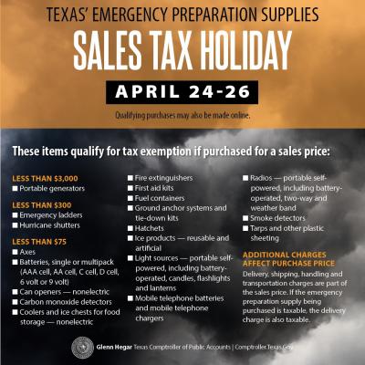 The approved list of emergency preparation supplies that can be purchased tax free during the sales tax holiday this weekend. There is no limit on the number of qualifying items you can purchase, and you do not need to give an exemption certificate to claim the exemption. CONTRIBUTED PHOTO