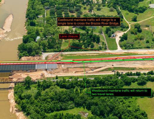 Eastbound main-lane traffic will merge to a single lane to cross the Brazos River Bridge and westbound main-lane traffic will return to two travel lanes. TxDOT