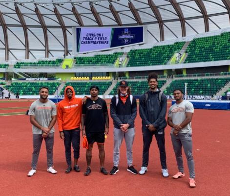 Sealy High School alum Clayton Fritsch, third from right, was joined by Sam Houston teammates at the NCAA Outdoor National Championships in Oregon last week. COURTESY PHOTO
