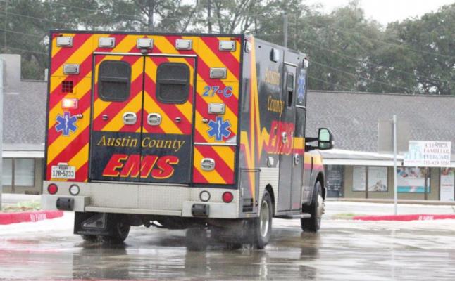 Austin County EMS is dispatched for a call from the new EMS Station No. 2 on Highway 90 in Sealy during Winter Storm Uri Feb. 17.  (Cole McNanna/Sealy News)