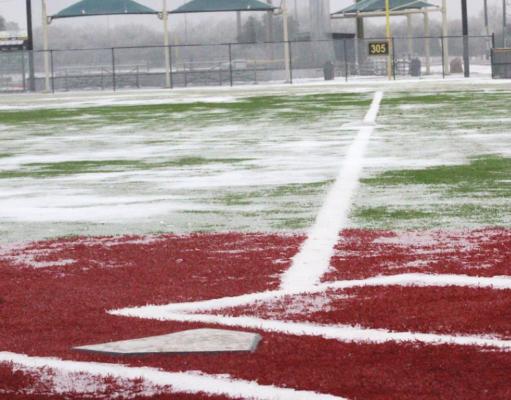 Fair or foul? Cheryl Mellenthin Field at Mark A. Chapman Park in Sealy received a coating of snow that blended in with the foul line Feb. 16. (Cole McNanna/Sealy News)