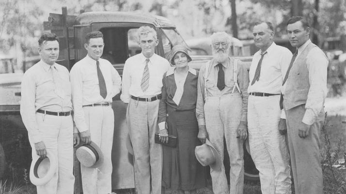 The Brookshire brothers and their parents at a family reunion on Fern Lake in Nacogdoches, Texas, in the 1930s. Pictured left to right are Bryan (Jack) Brookshire, Wood Brookshire, Houston Brookshire, Fannie Brookshire, Jasper Brookshire, Austin Brookshire and Lee Brookshire, Sr. CONTRIBUTED PHOTO