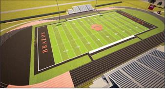 A 3D render depicts the unfinalized, conceptual design of the new football stadium. Courtesy of SZS Architecture