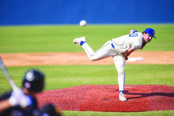 Blinn’s Brok Eddy fires a pitch home during the series with San Jacinto-North.