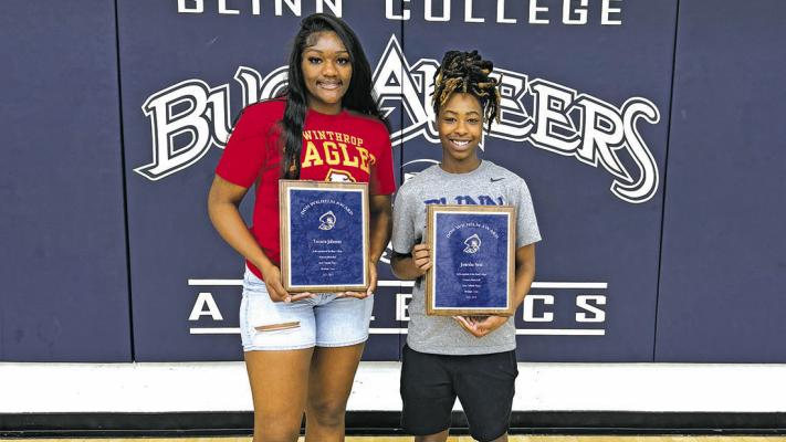 Blinn’s Tocarra Johnson and Jonesha Neal were honored by Jenkins as the program’s Don Wilhelm Award winners, which goes to Blinn women’s basketball’s best player or players following each season. COURTESY PHOTO