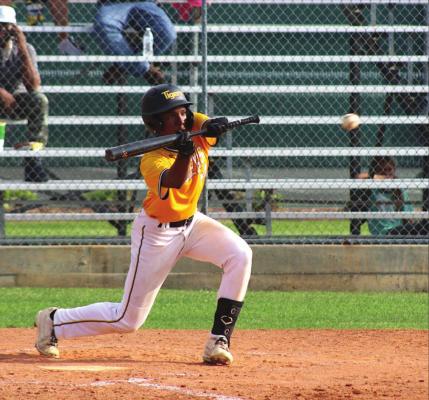 Sealy sophomore DeMarques Thompson attempts to lay down a bunt during the Tigers’ playoff warmup game against Fort Bend Kempner at Aubrey “Mutt” Stuessel Stadium Monday evening.